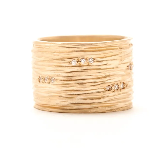 14k Yellow Gold Wide Carved Lines With Pave Set Diamonds Band by Rebecca Overmann
