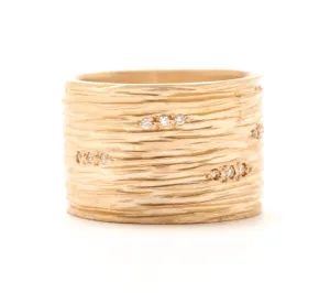 14k Yellow Gold Wide Carved Lines With Pave Set Diamonds Band by Rebecca Overmann