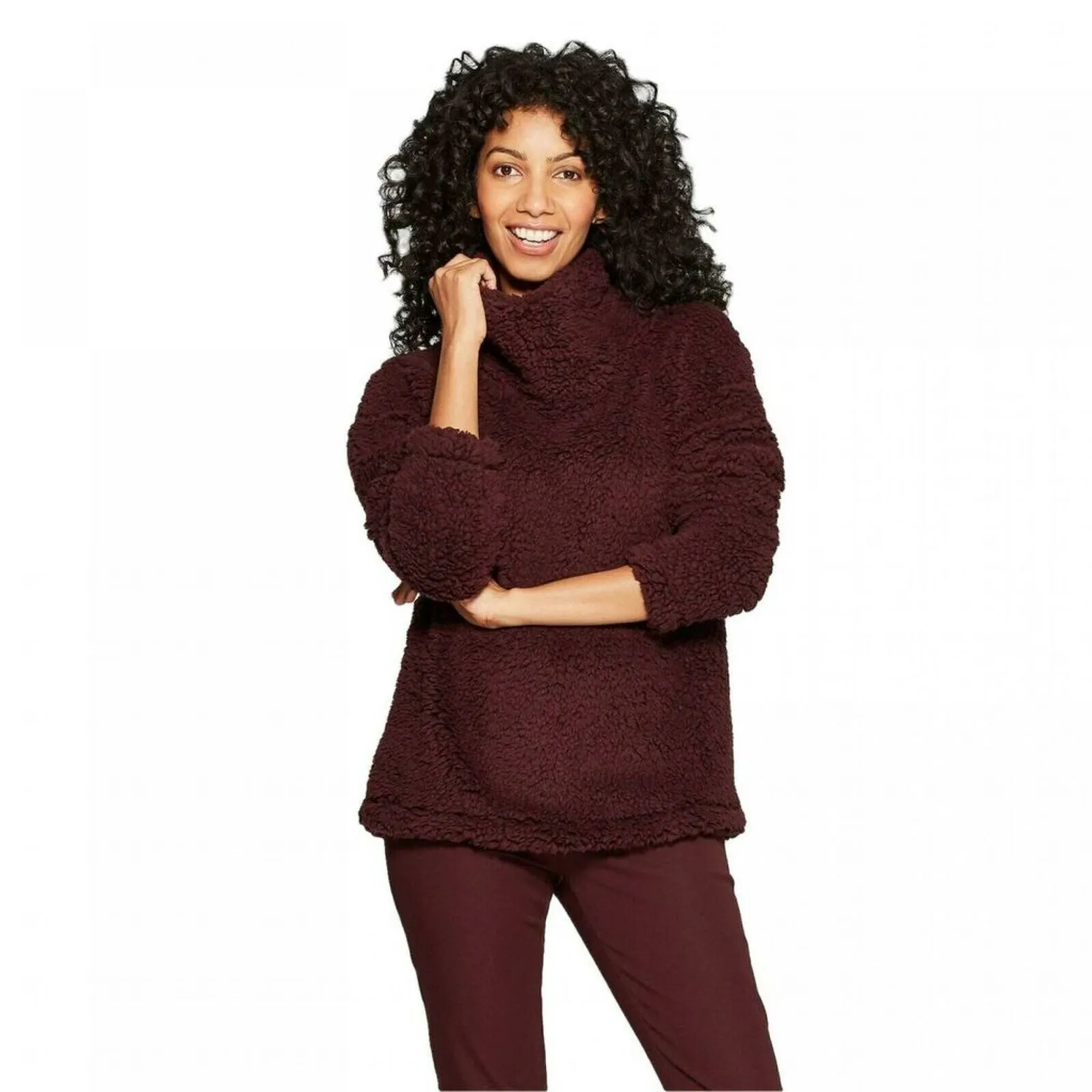 A New Day Women's Sherpa Pullover Cowl Neck Sweater Burgundy XS