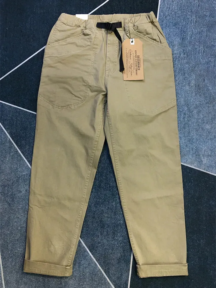 American Retro Woven Cargo Tapered Pants - Men's Fashion Pure Cotton Washed Elastic Waist Loose Street Casual Trouser