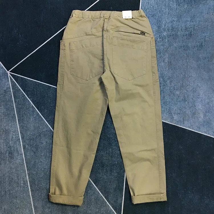 American Retro Woven Cargo Tapered Pants - Men's Fashion Pure Cotton Washed Elastic Waist Loose Street Casual Trouser