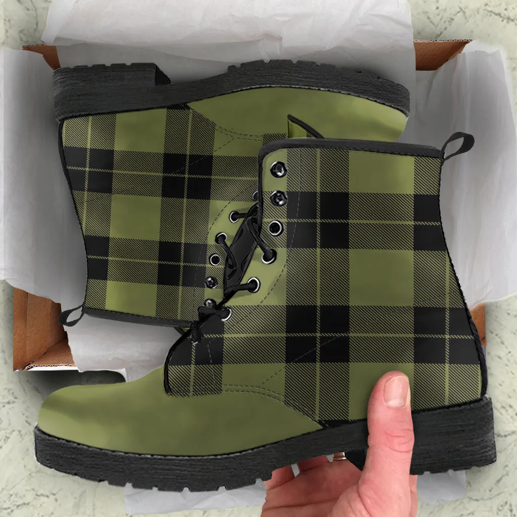 Army Green and Black Plaid Women's Vegan Leather Boots