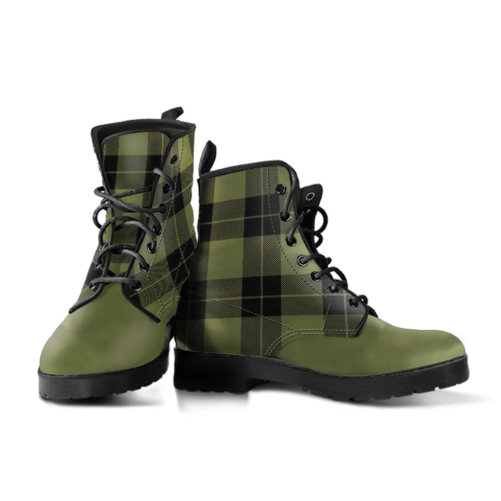 Army Green and Black Plaid Women's Vegan Leather Boots