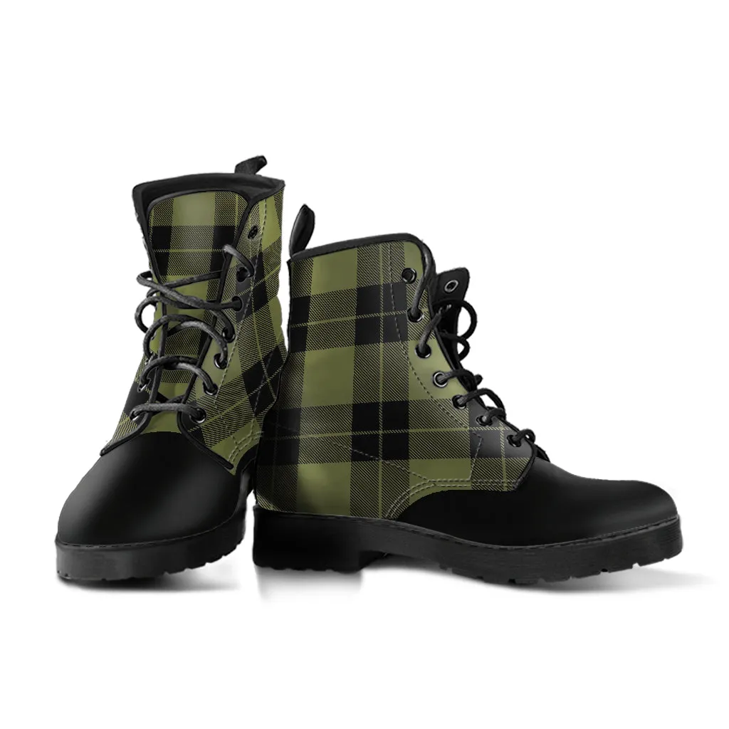 Army Green and Black Plaid Women's Vegan Leather Boots