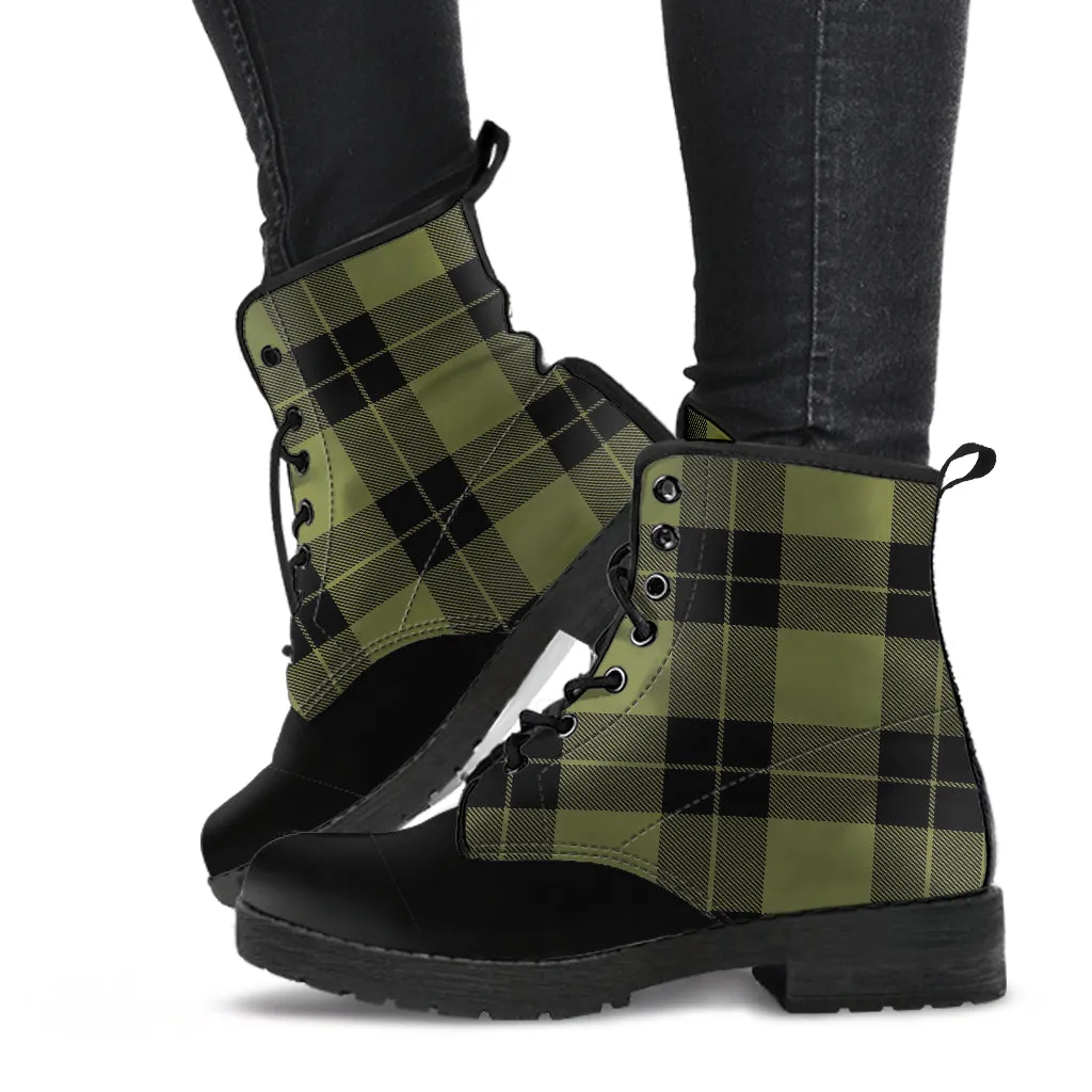 Army Green and Black Plaid Women's Vegan Leather Boots