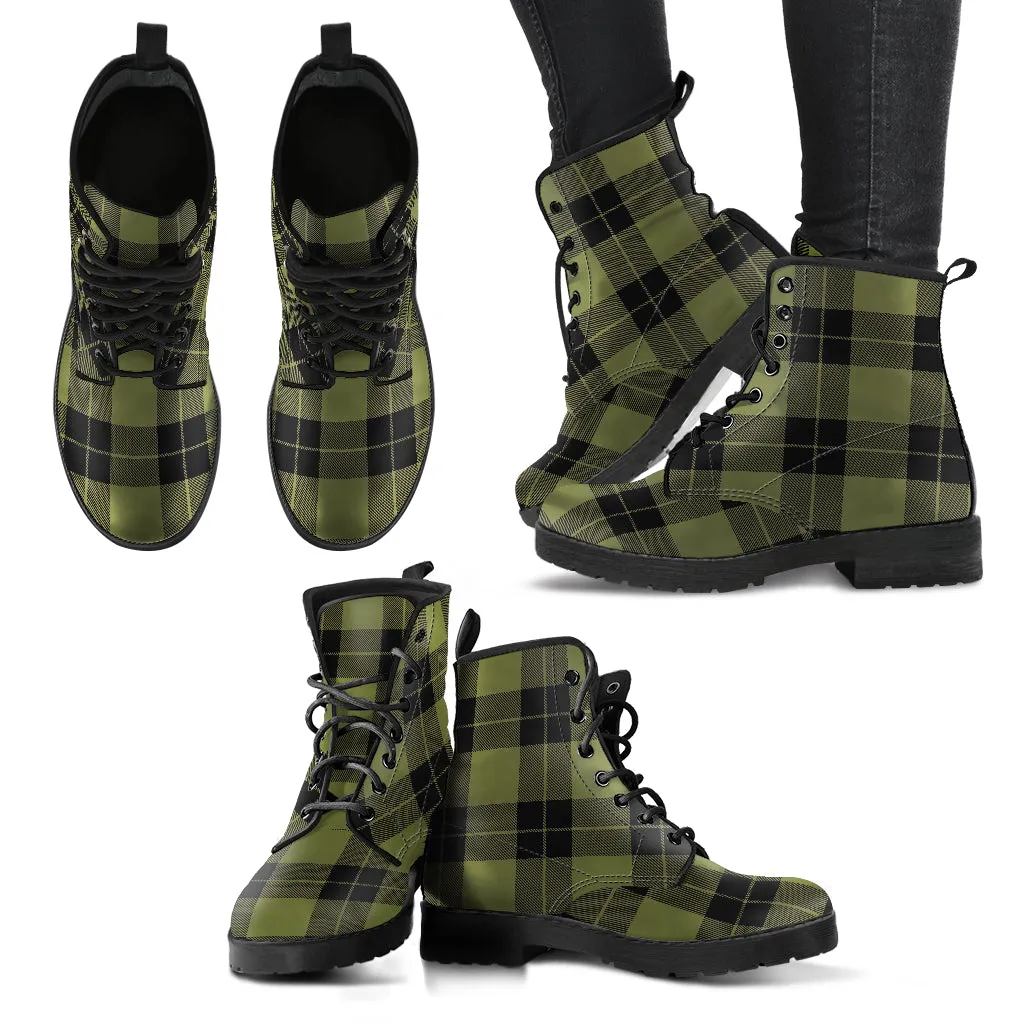 Army Green and Black Plaid Women's Vegan Leather Boots