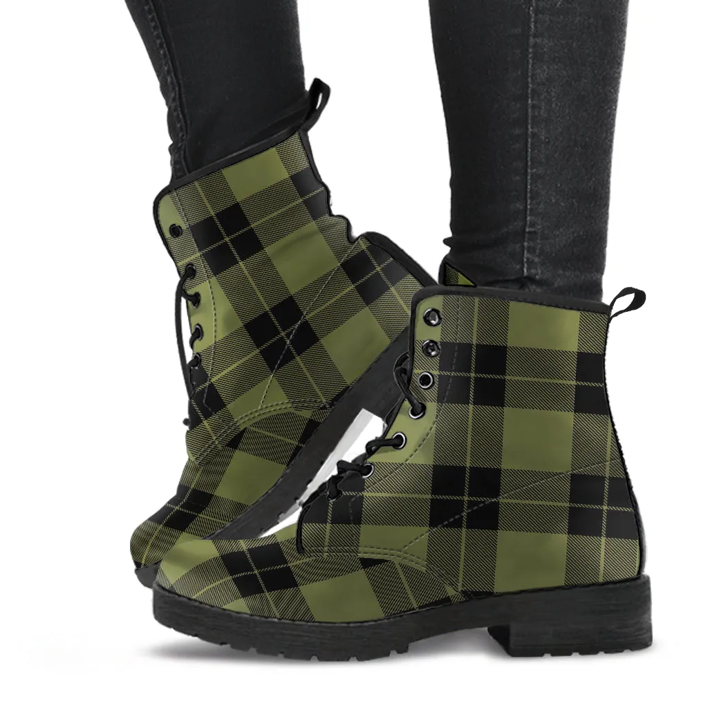 Army Green and Black Plaid Women's Vegan Leather Boots