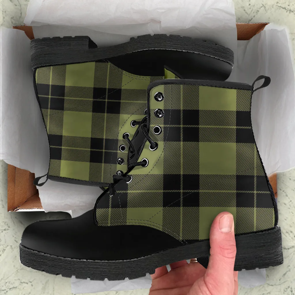 Army Green and Black Plaid Women's Vegan Leather Boots