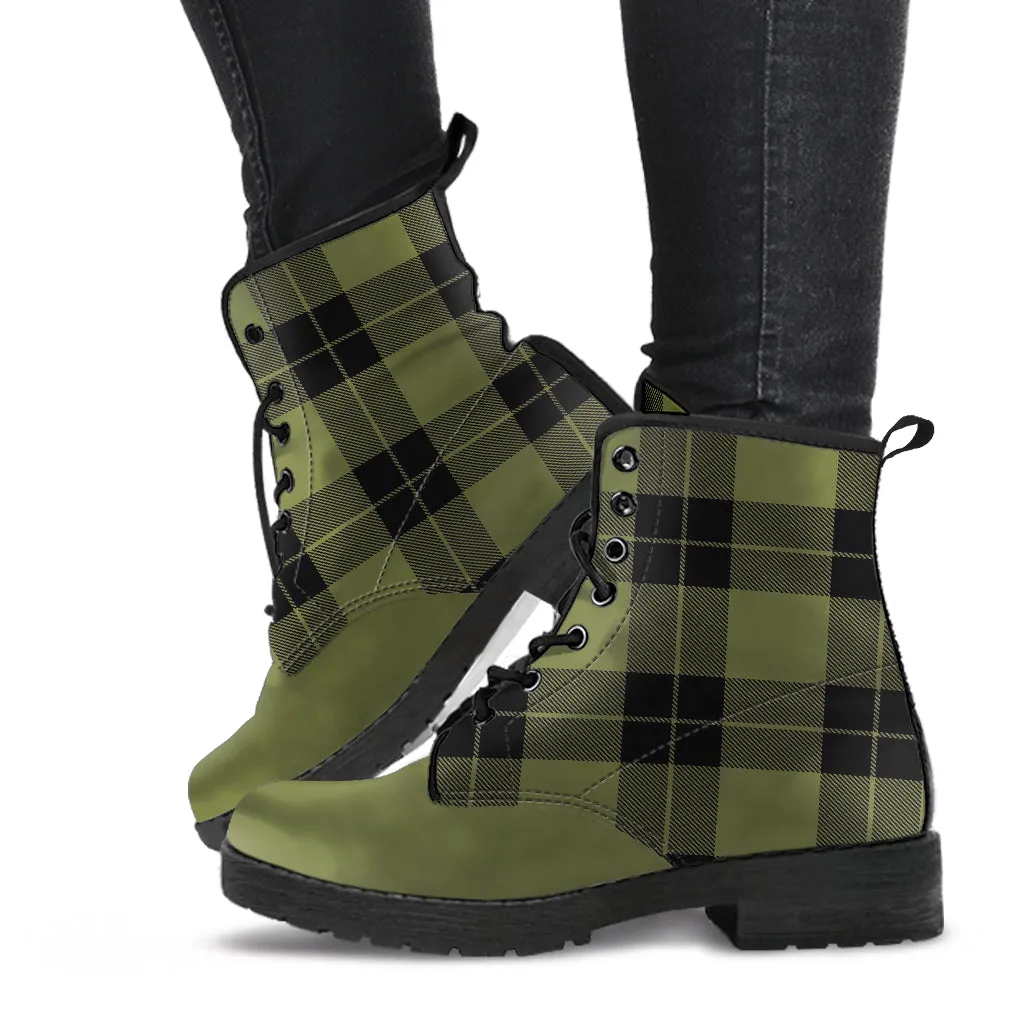 Army Green and Black Plaid Women's Vegan Leather Boots