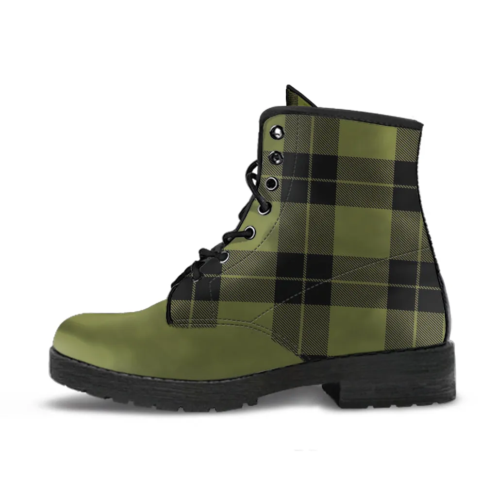 Army Green and Black Plaid Women's Vegan Leather Boots