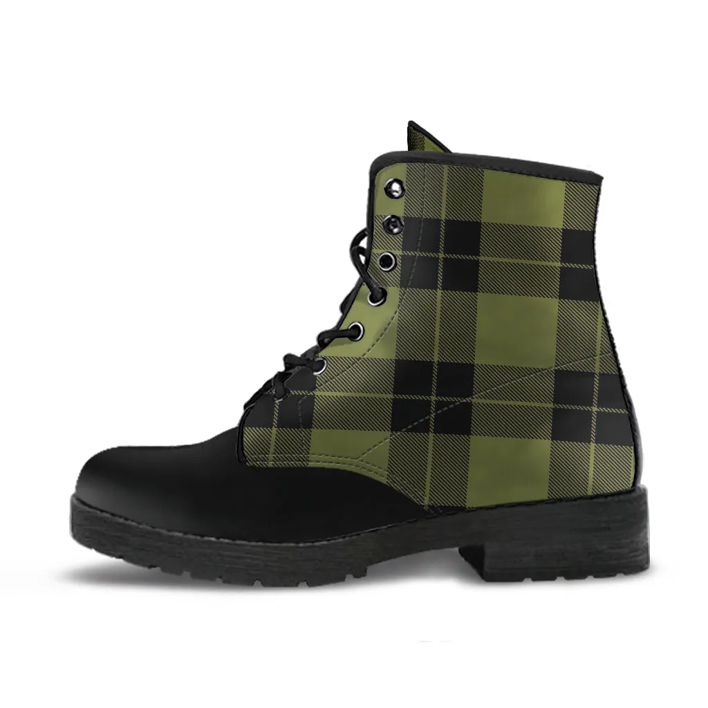Army Green and Black Plaid Women's Vegan Leather Boots