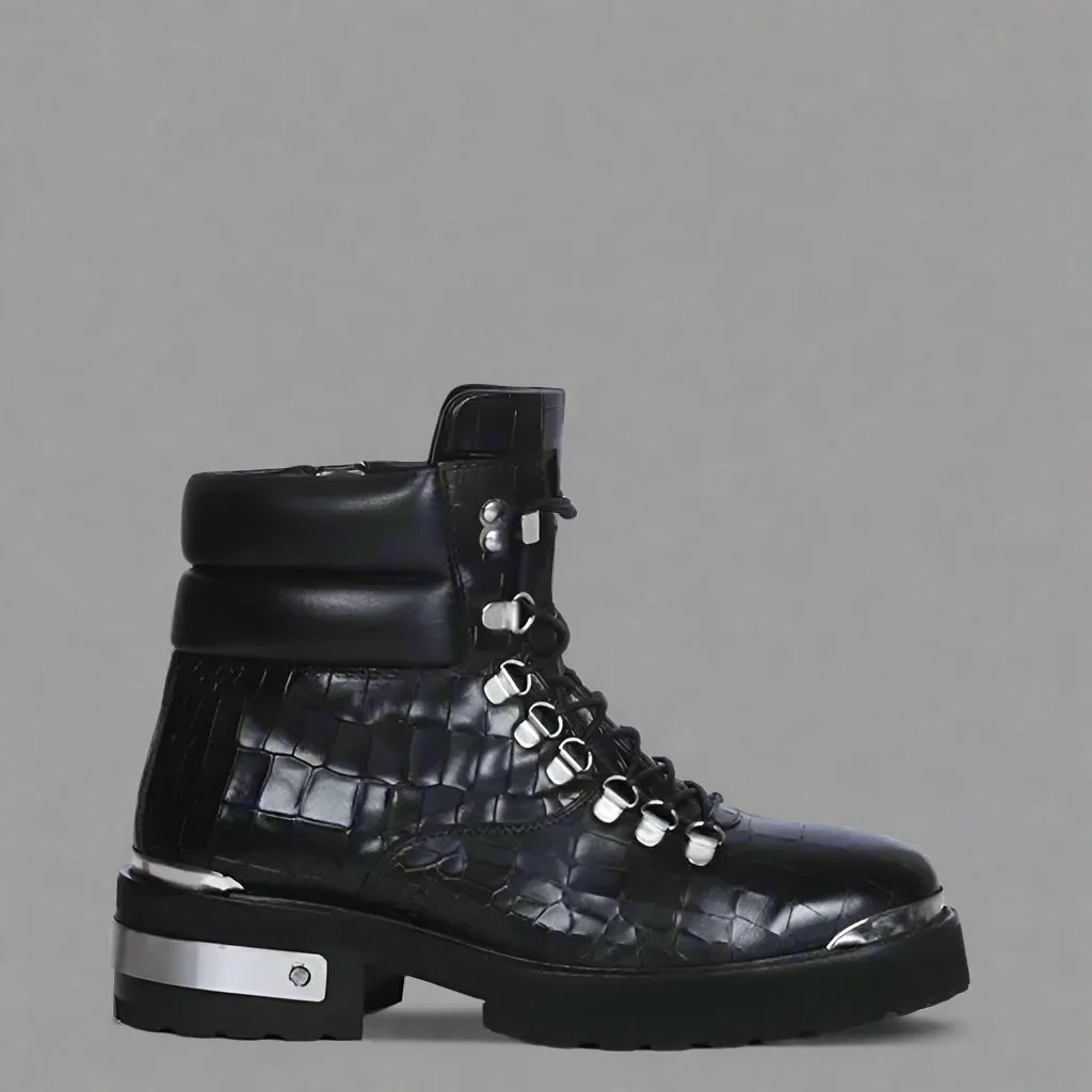BLACK CROC LEATHER LACE UP BOOTS WITH METAL PLATES - CHELSEA BOOTS