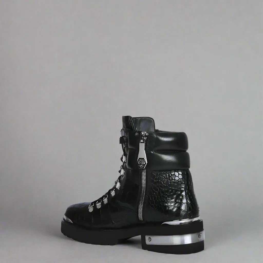 BLACK CROC LEATHER LACE UP BOOTS WITH METAL PLATES - CHELSEA BOOTS