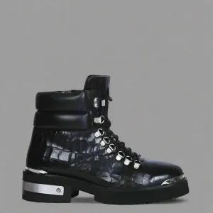 BLACK CROC LEATHER LACE UP BOOTS WITH METAL PLATES - CHELSEA BOOTS