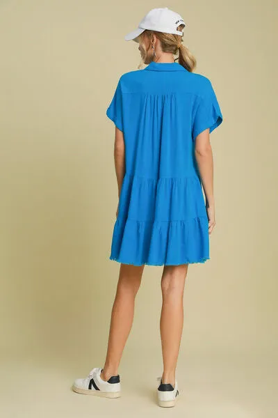 Blue Raw Hem Folded Sleeve Tiered Dress