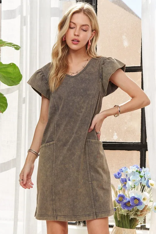 Charcoal Gray Mineral Washed V-Neck Ruffled Cap Sleeve Dress
