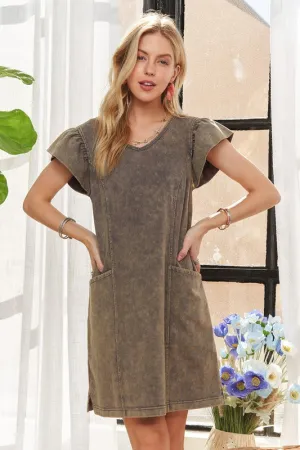 Charcoal Gray Mineral Washed V-Neck Ruffled Cap Sleeve Dress