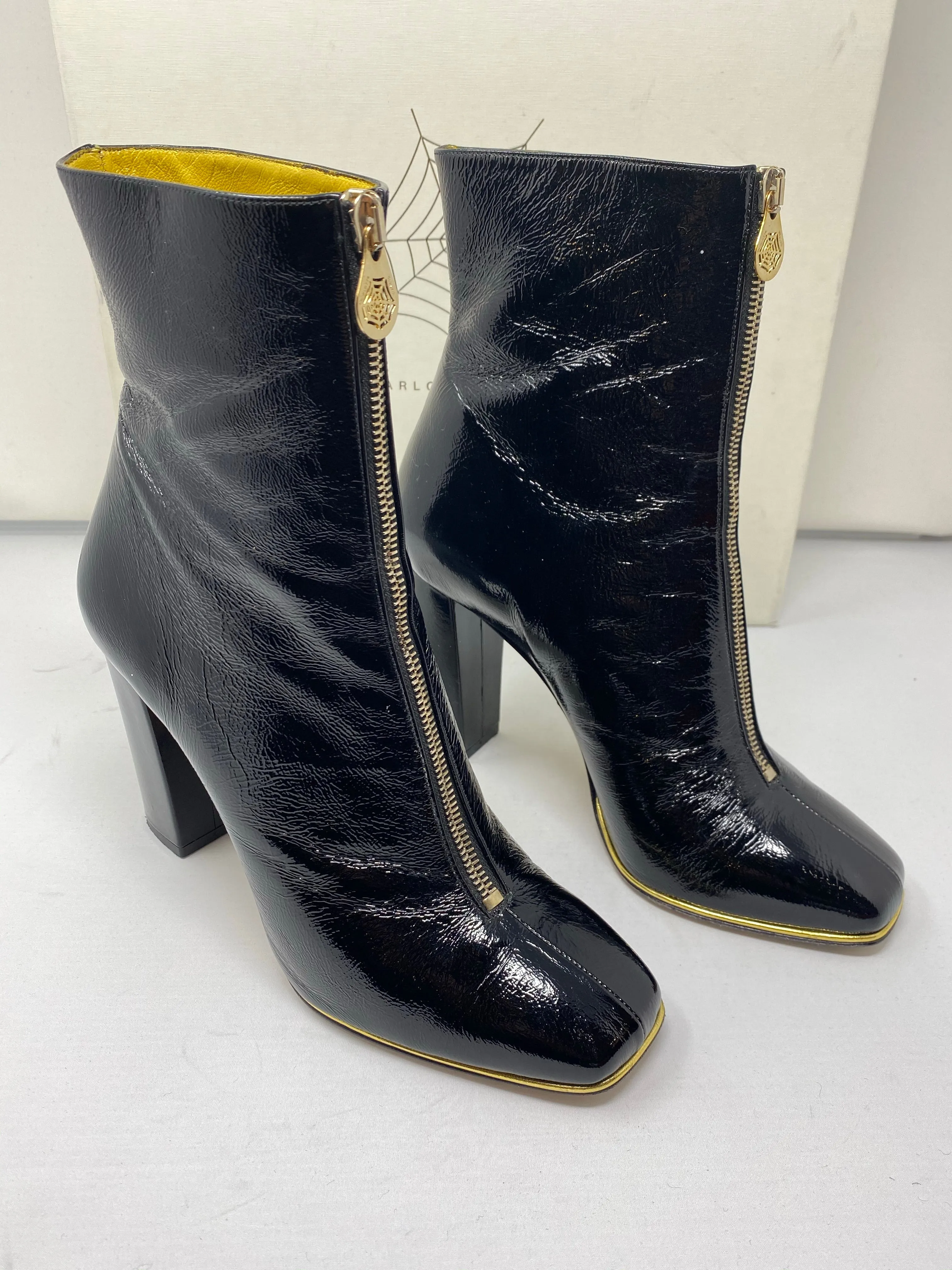 Charlotte Olympia Black Patent Leather Front Zip Block Heel Bootie