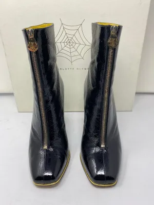 Charlotte Olympia Black Patent Leather Front Zip Block Heel Bootie