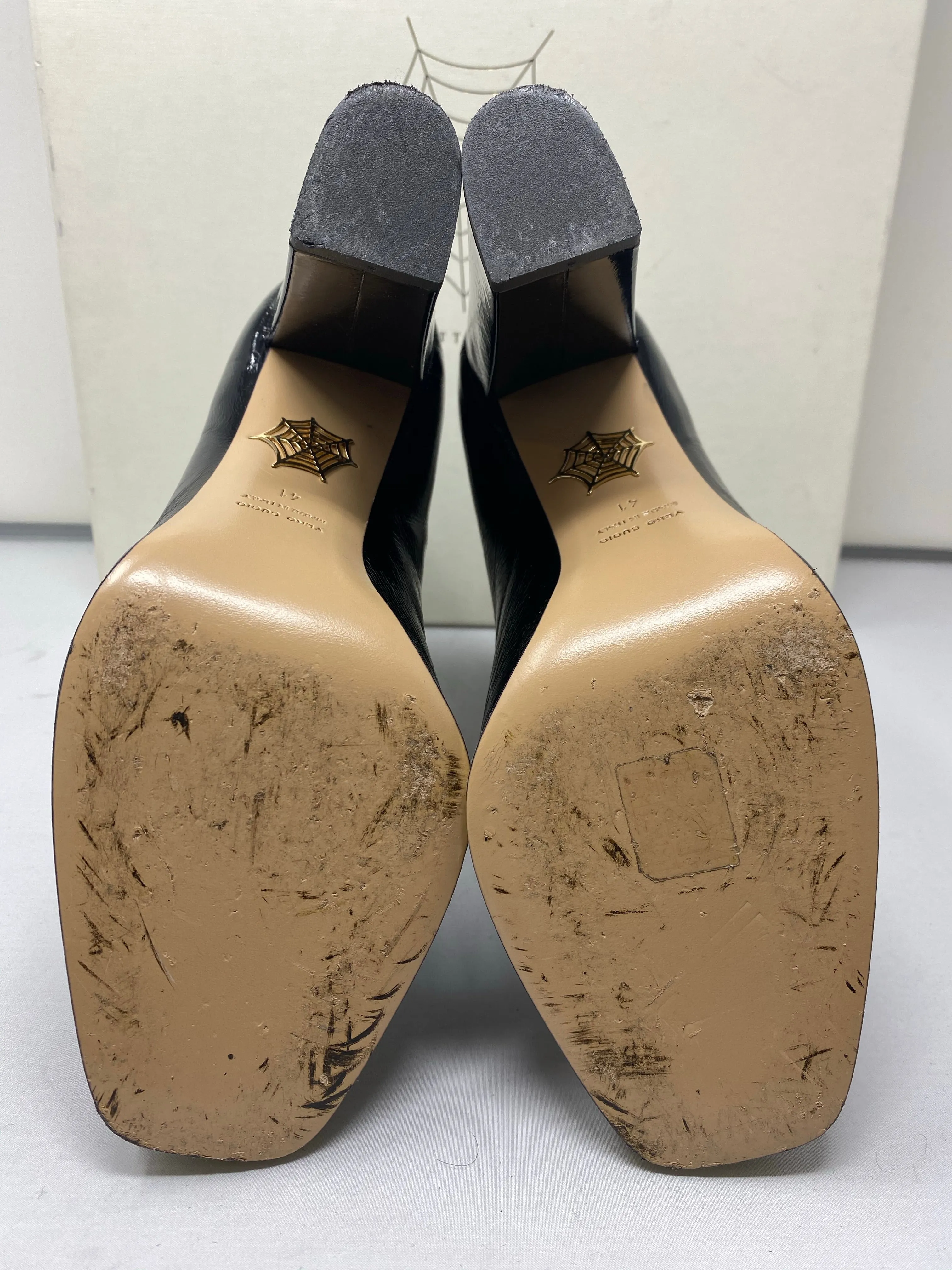 Charlotte Olympia Black Patent Leather Front Zip Block Heel Bootie