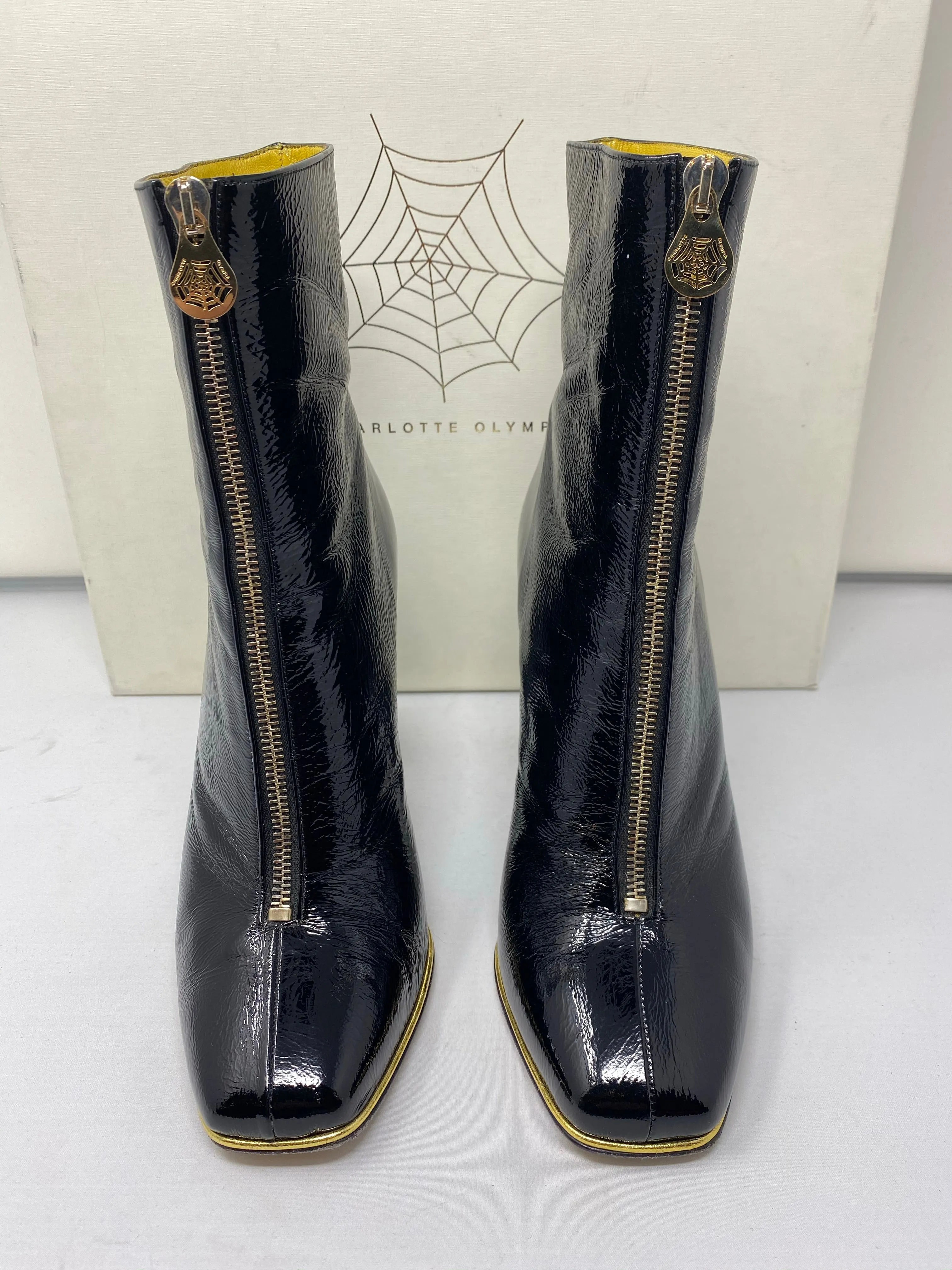 Charlotte Olympia Black Patent Leather Front Zip Block Heel Bootie