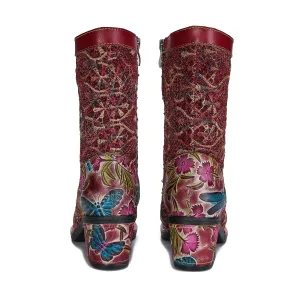 CrazycatZ Womens Leather Bohemian Midcalf Boots Floral Patterned Lace Up Boots
