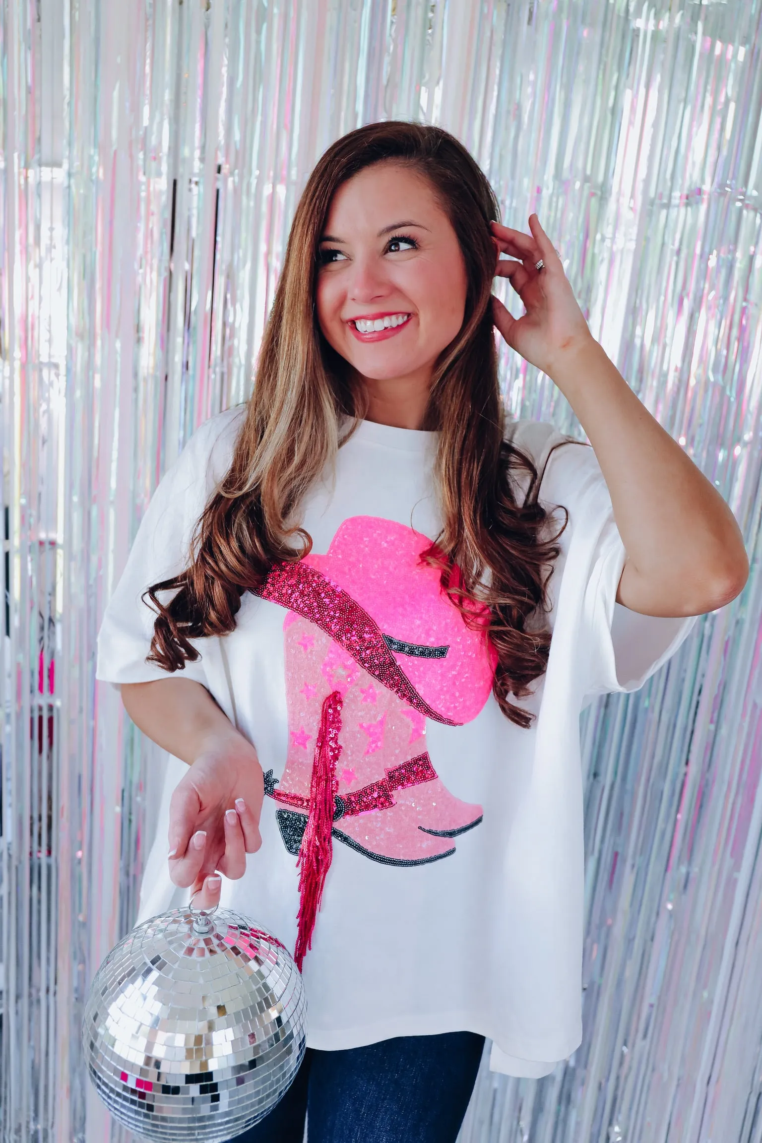 Fringe Cowgirl Boot Oversized Graphic Tee - White