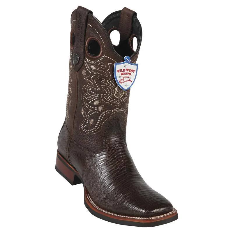 Genuine Teju Lizard Wide Square Toe Boot with Rubber outsole in Brown