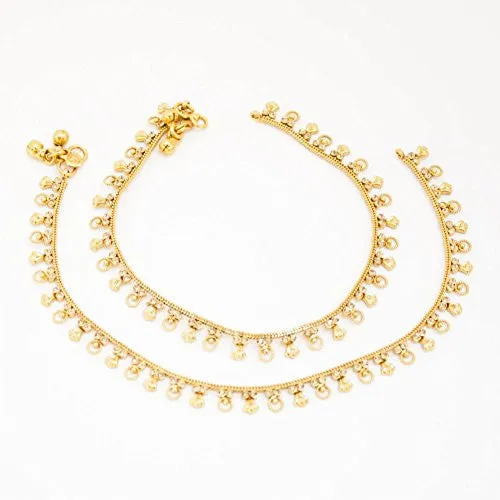 Gold Tone Plated Dainty Womens Indian Payal Bells Anklet Set For Everyday Party Beach Wear - Duel On Jewel