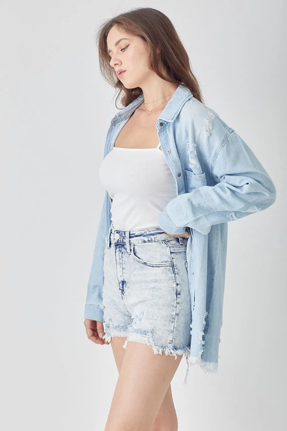 Hazel Blues® |  RISEN Raw Hem Distressed High Rise Denim Shorts