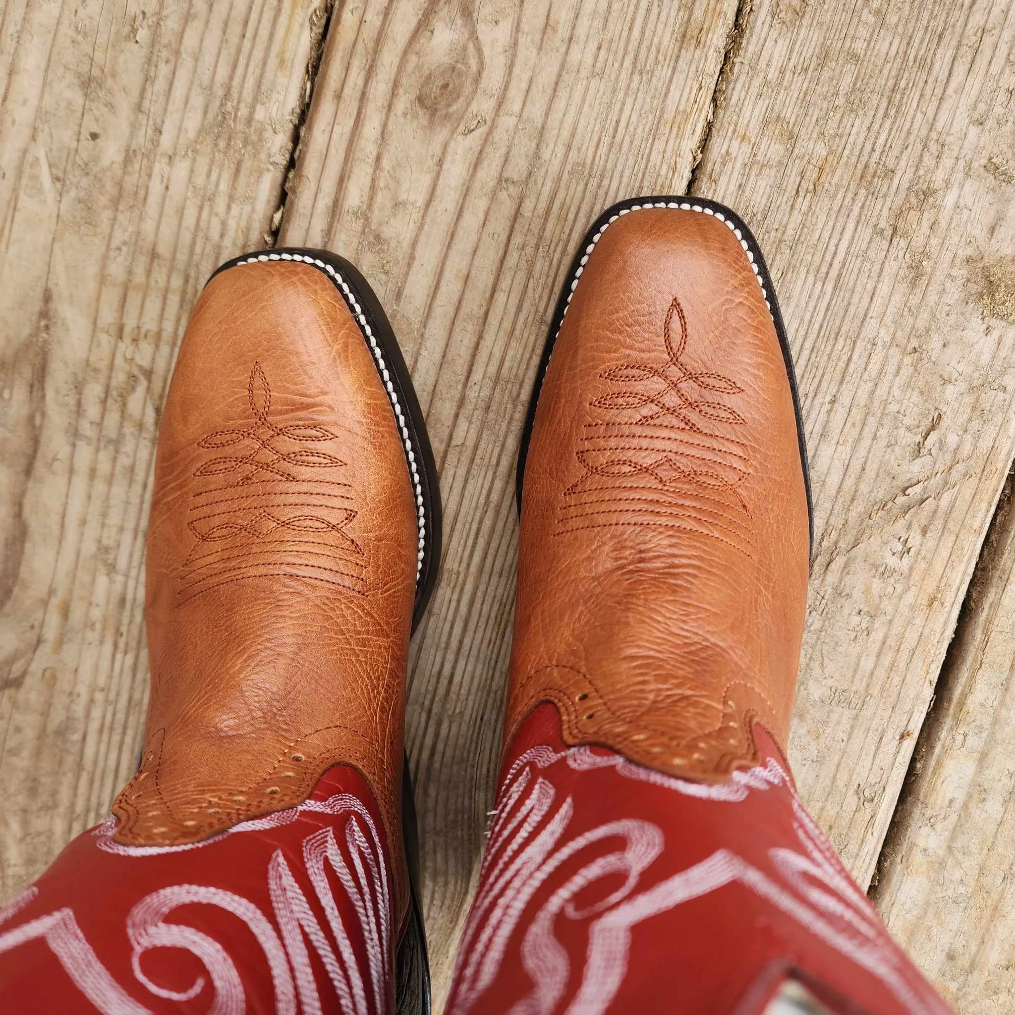 Hondo Picosa Creek Exclusive Walnut Spanish Shoulder w/Red Cow - The Roughstock Red Boot