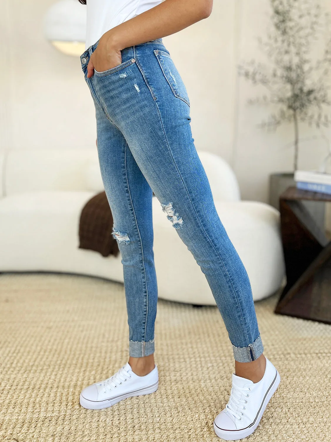 Judy Blue Mid Rise Destroy & Cuff Skinny Jeans - Online Exclusive