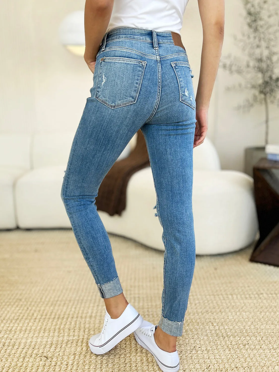 Judy Blue Mid Rise Destroy & Cuff Skinny Jeans - Online Exclusive