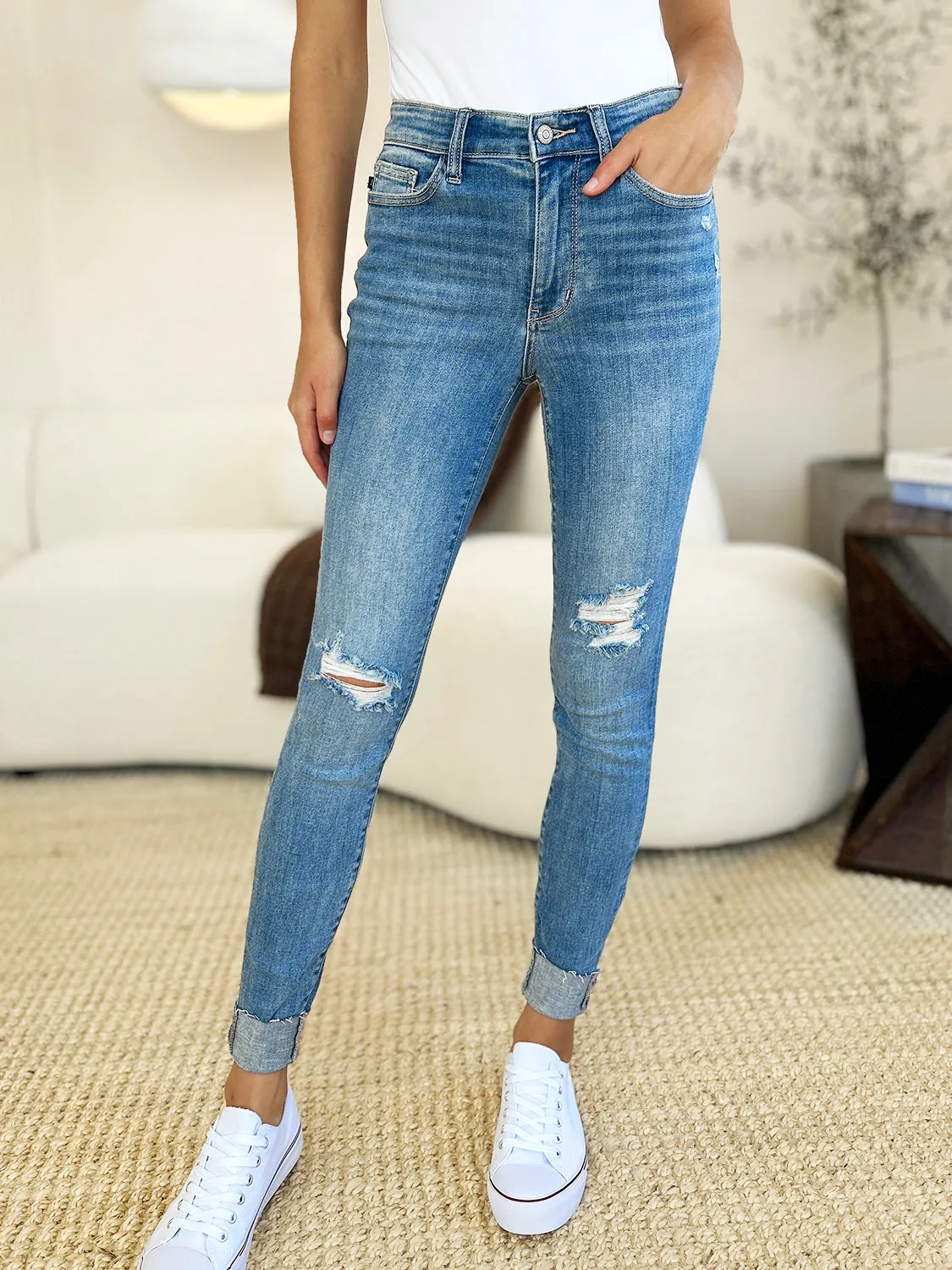 Judy Blue Mid Rise Destroy & Cuff Skinny Jeans - Online Exclusive