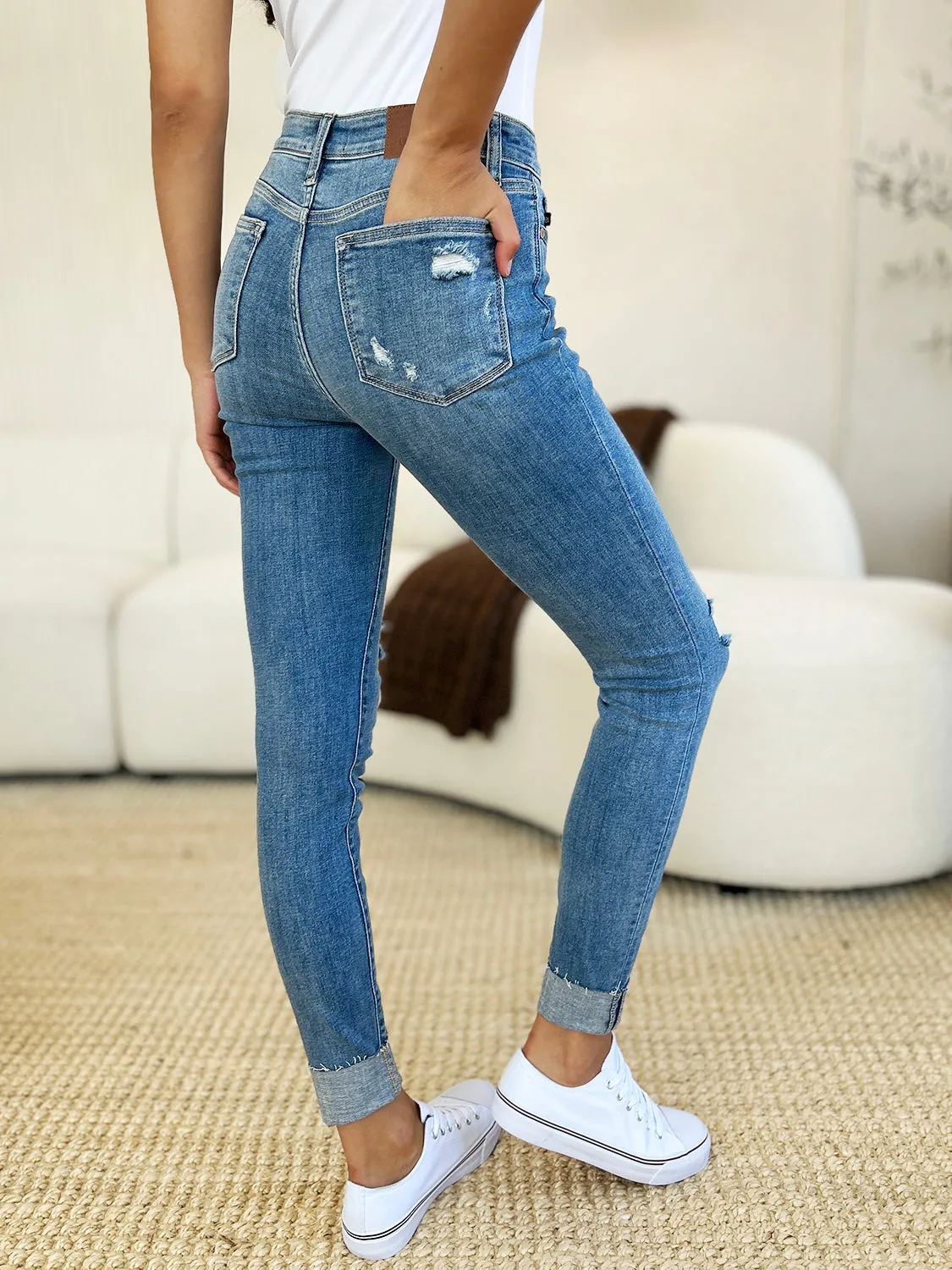 Judy Blue Mid Rise Destroy & Cuff Skinny Jeans - Online Exclusive