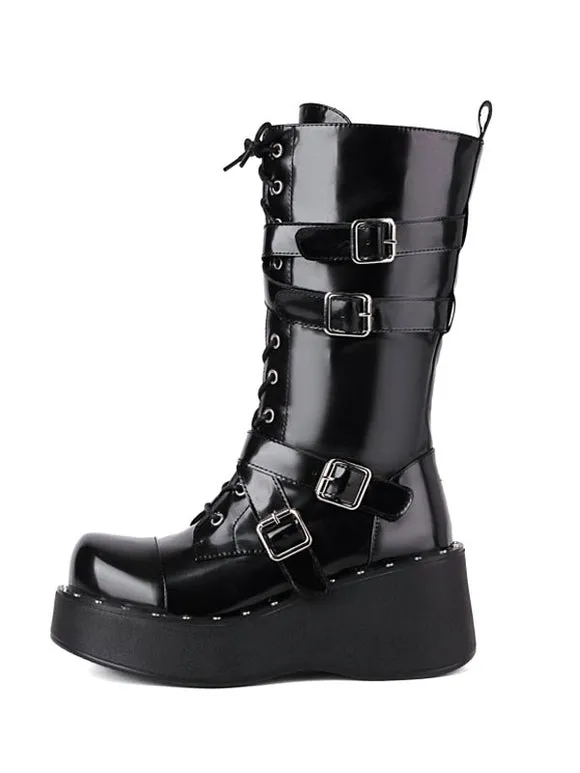 Lolita Boots Round Toe PU Leather Lace Up Black Lolita Footwear