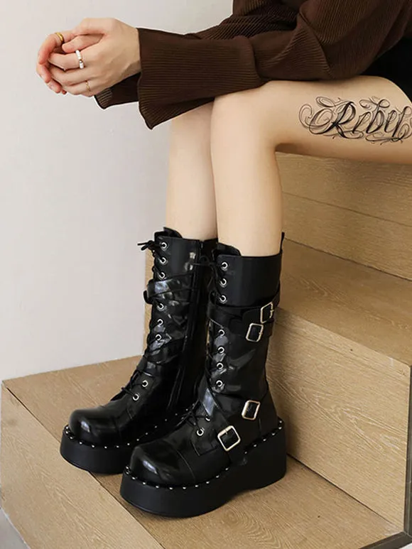 Lolita Boots Round Toe PU Leather Lace Up Black Lolita Footwear