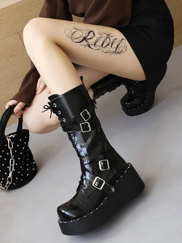 Lolita Boots Round Toe PU Leather Lace Up Black Lolita Footwear
