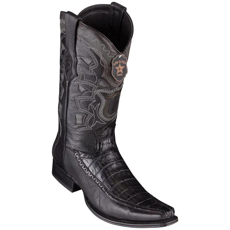 Los Altos Genuine Caiman Belly Narrow Square Toe Boot with Inlay Trim in Black