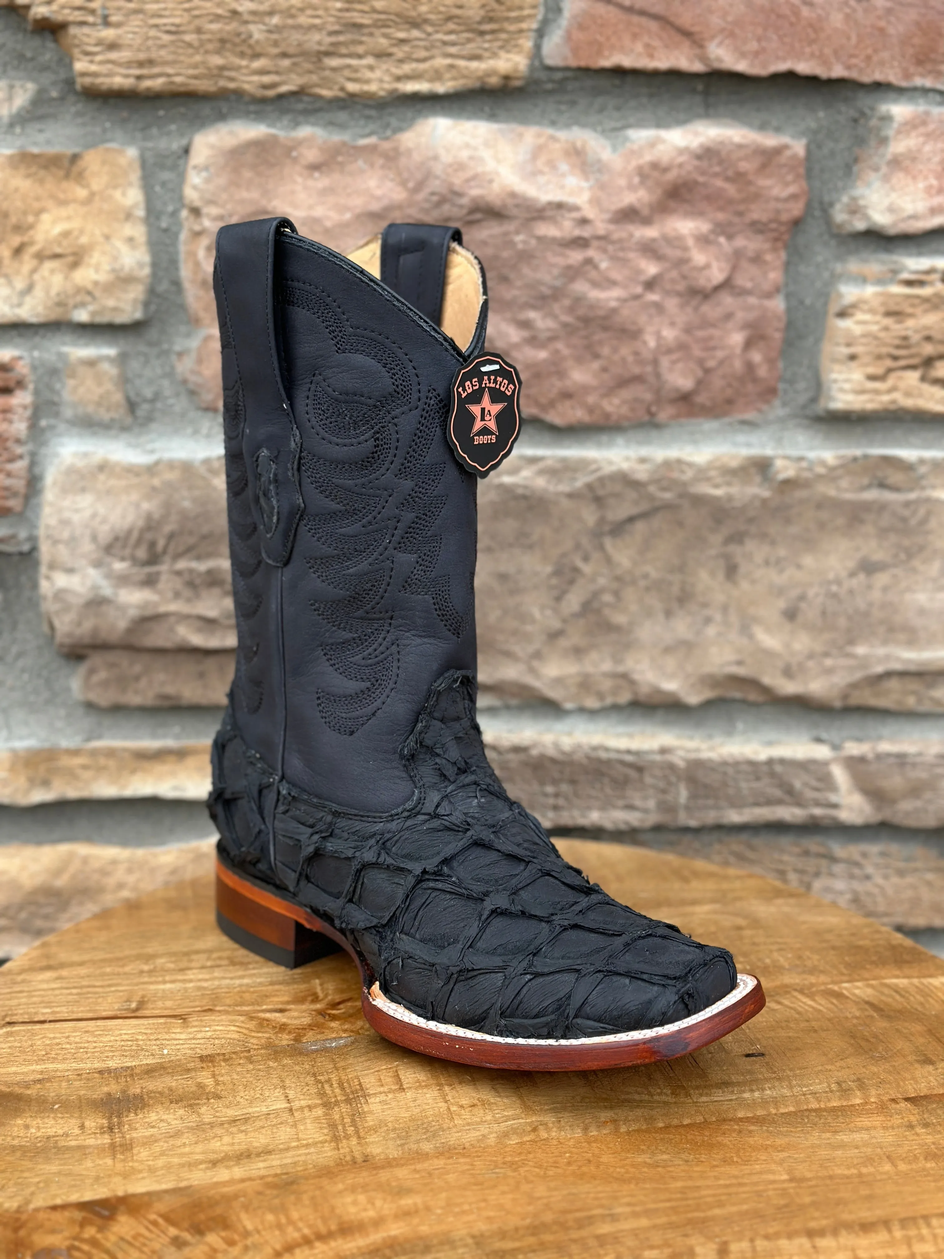 Los Altos Piraruccu Suede Black Wide Square Toe Boots