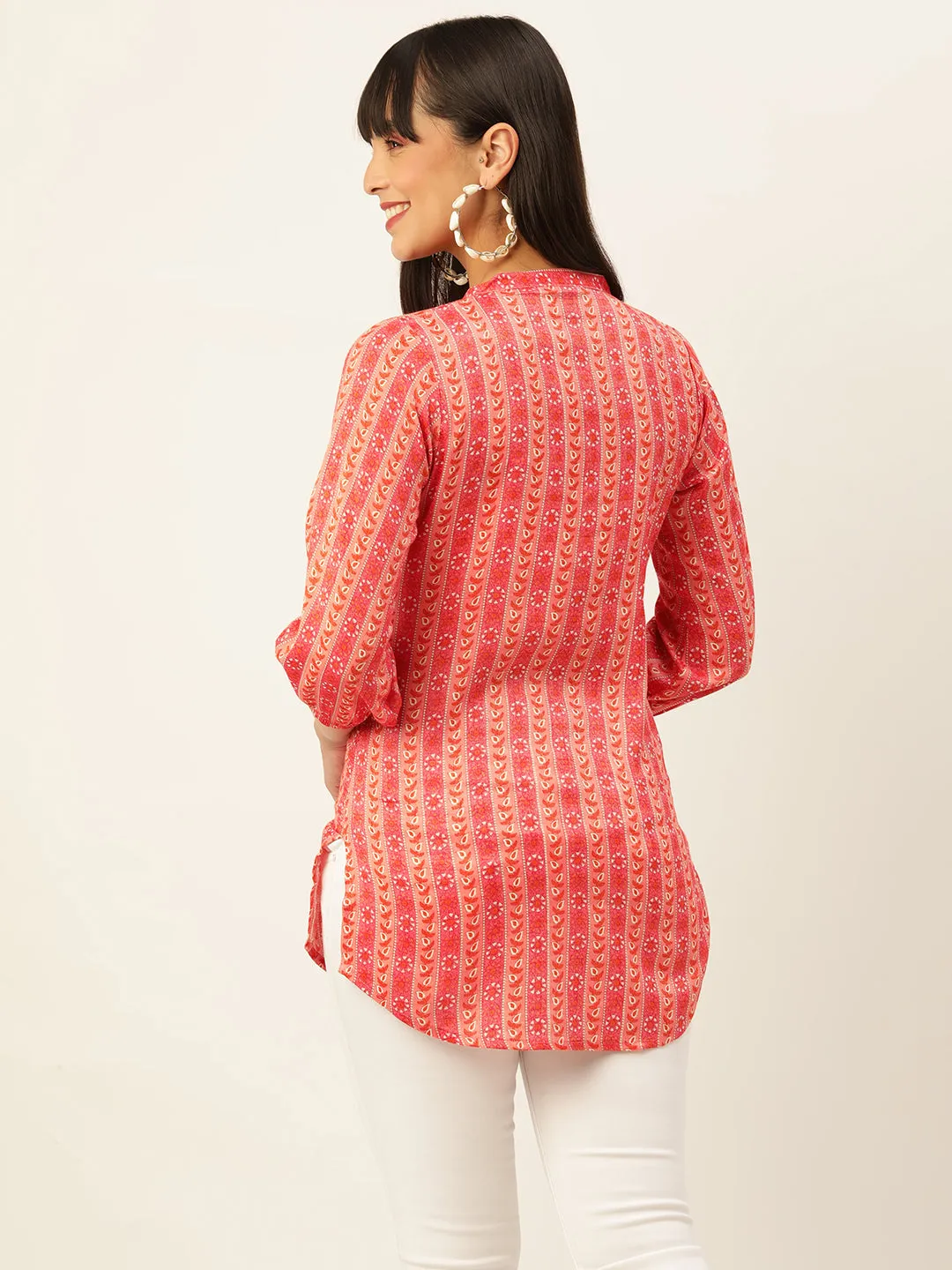 Mandarin Collar Rayon All over traditional ethnic Print Pink Tunic For Women - ZOLA
