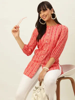 Mandarin Collar Rayon All over traditional ethnic Print Pink Tunic For Women - ZOLA