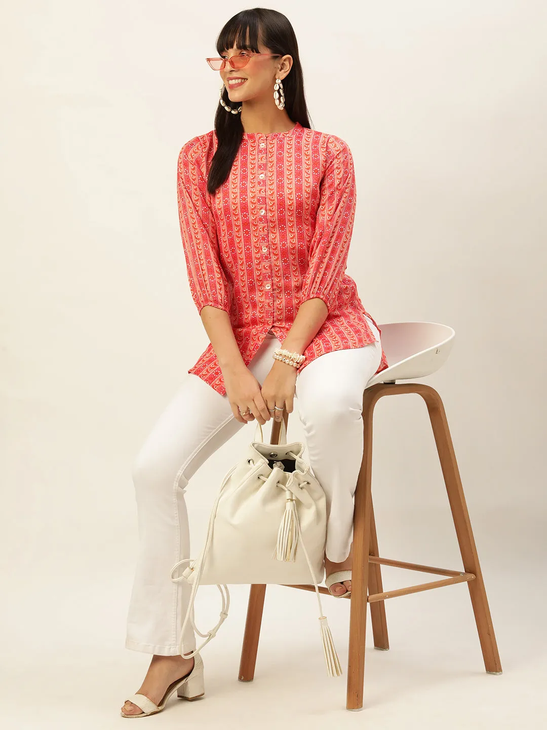 Mandarin Collar Rayon All over traditional ethnic Print Pink Tunic For Women - ZOLA