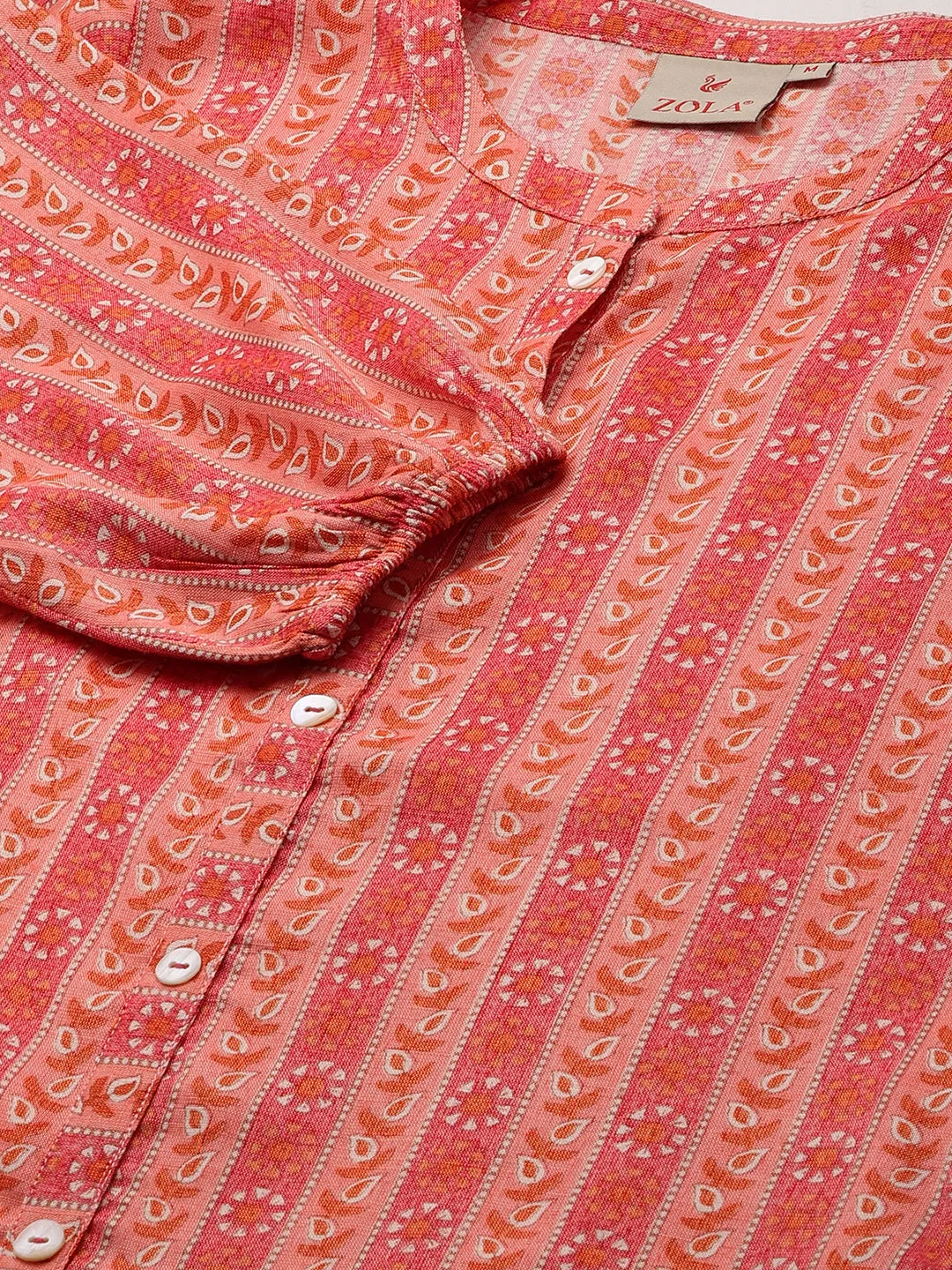 Mandarin Collar Rayon All over traditional ethnic Print Pink Tunic For Women - ZOLA