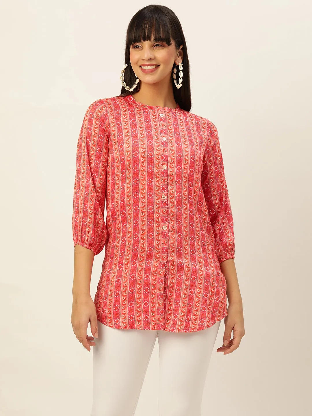 Mandarin Collar Rayon All over traditional ethnic Print Pink Tunic For Women - ZOLA