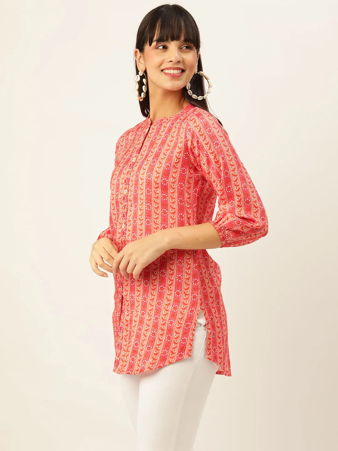 Mandarin Collar Rayon All over traditional ethnic Print Pink Tunic For Women - ZOLA