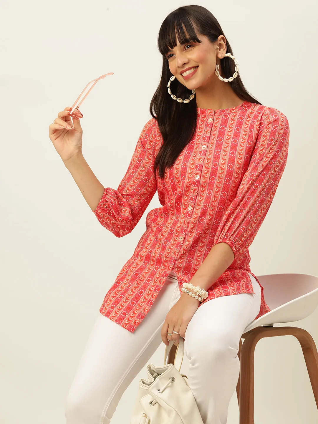 Mandarin Collar Rayon All over traditional ethnic Print Pink Tunic For Women - ZOLA