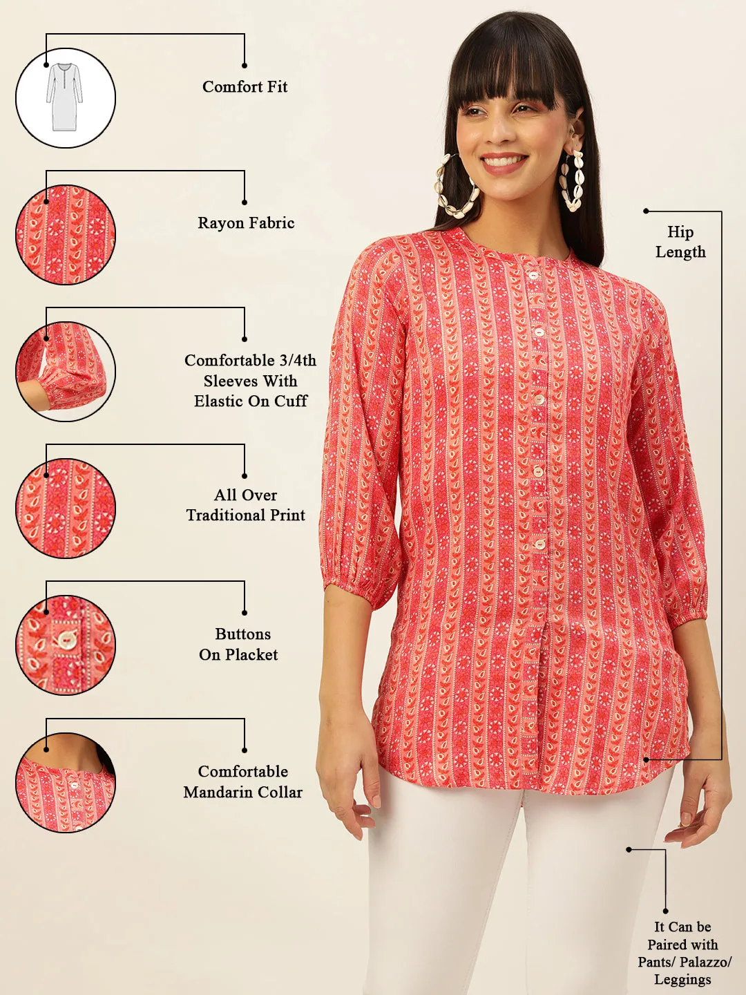 Mandarin Collar Rayon All over traditional ethnic Print Pink Tunic For Women - ZOLA