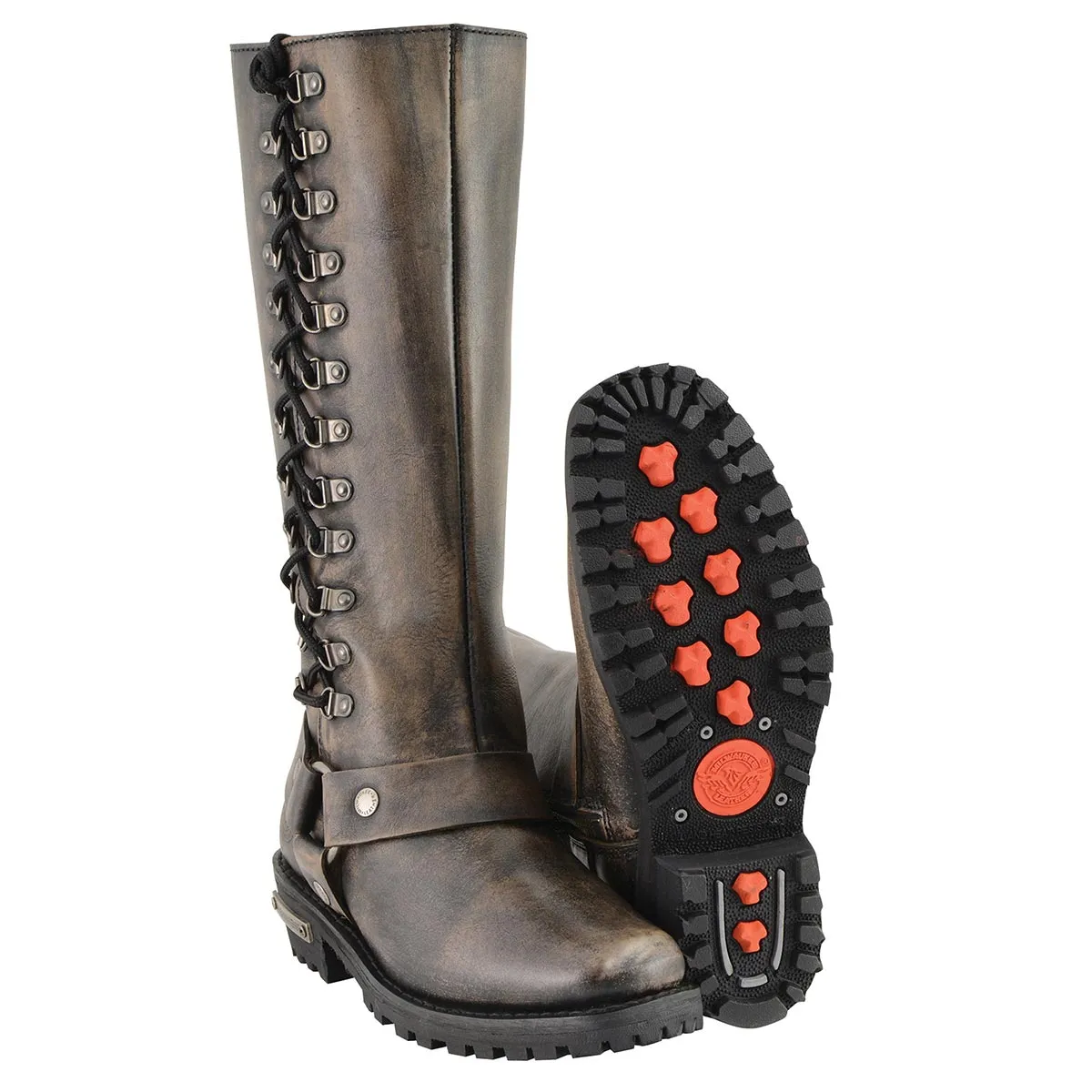 MBL9368 Women's Distressed Brown 14-inch Classic Harness Square Toe Leather Boots