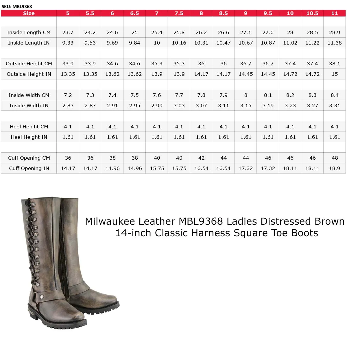 MBL9368 Women's Distressed Brown 14-inch Classic Harness Square Toe Leather Boots